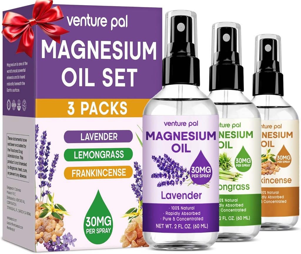 Venture Pal 3-Pack Topical Magnesium Oil Spray Set for Feet - Ideal Gift for Relaxation, Better Sleep, Muscle Relief for Legs & Joints, Healthy Hair & Skin. Absorpsi Cepat, Non- Greasy