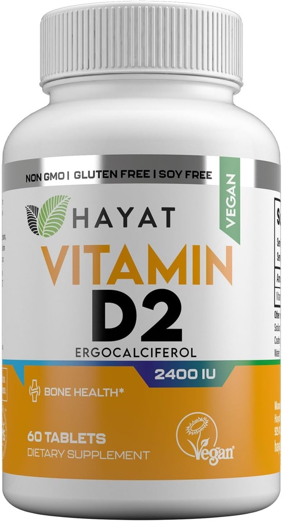 HAYAT Vitamin Vegan Vitamin D2 2400 IU (60 MCG), Suplemen Dietary untuk Bone, Teeth, Muscle and Immune Health Supply, 2 Bulan, All Natural, Sertifikasi Halal, 60 tablet, Dibuat di Amerika Serikat