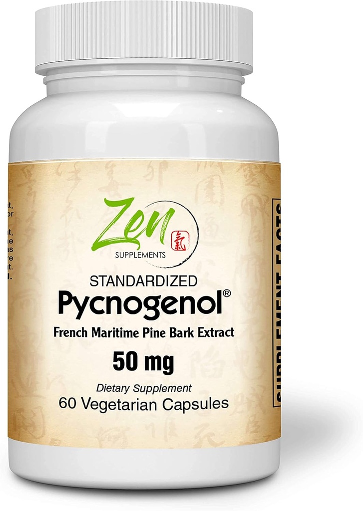 Suplemen Zen Pycnogenol 50mg - Standardized French Maritime Pine Bark Extract for Antioksidant & Inflammation Dupport - Non-GMO, Gluten & Soy Free 60- Vexcaps
