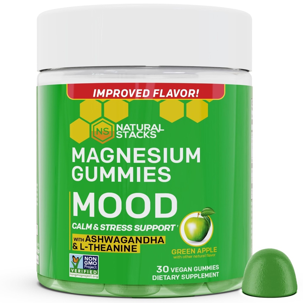 Mood Magnesium Gummies - 200mg Magnesium Citrate & 125mg Sensoril Ashwagandha Gummies - dengan L Theanine untuk Tenang & Stress Dukungan - Mag Citrate dan Ashwagandha Supplemen - 30 Green Apple Chewables