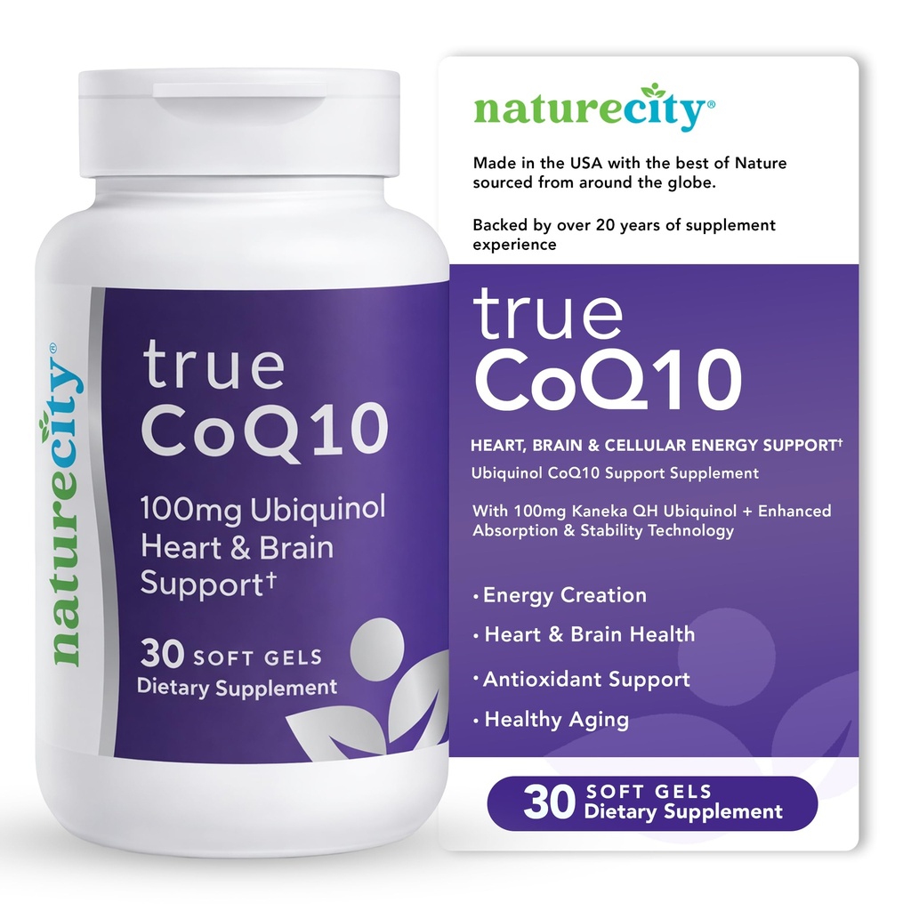 NaturreCity True- CoQ10 Ubiquinol 100mg Sangat Absorbable dan Stabulisasi Kaneka QH CoQ10 Heart, Otak dan Cellular Energi Supplemen - (30 Soft Gels) Aktif CoQ10 sebagai Ubiquinol