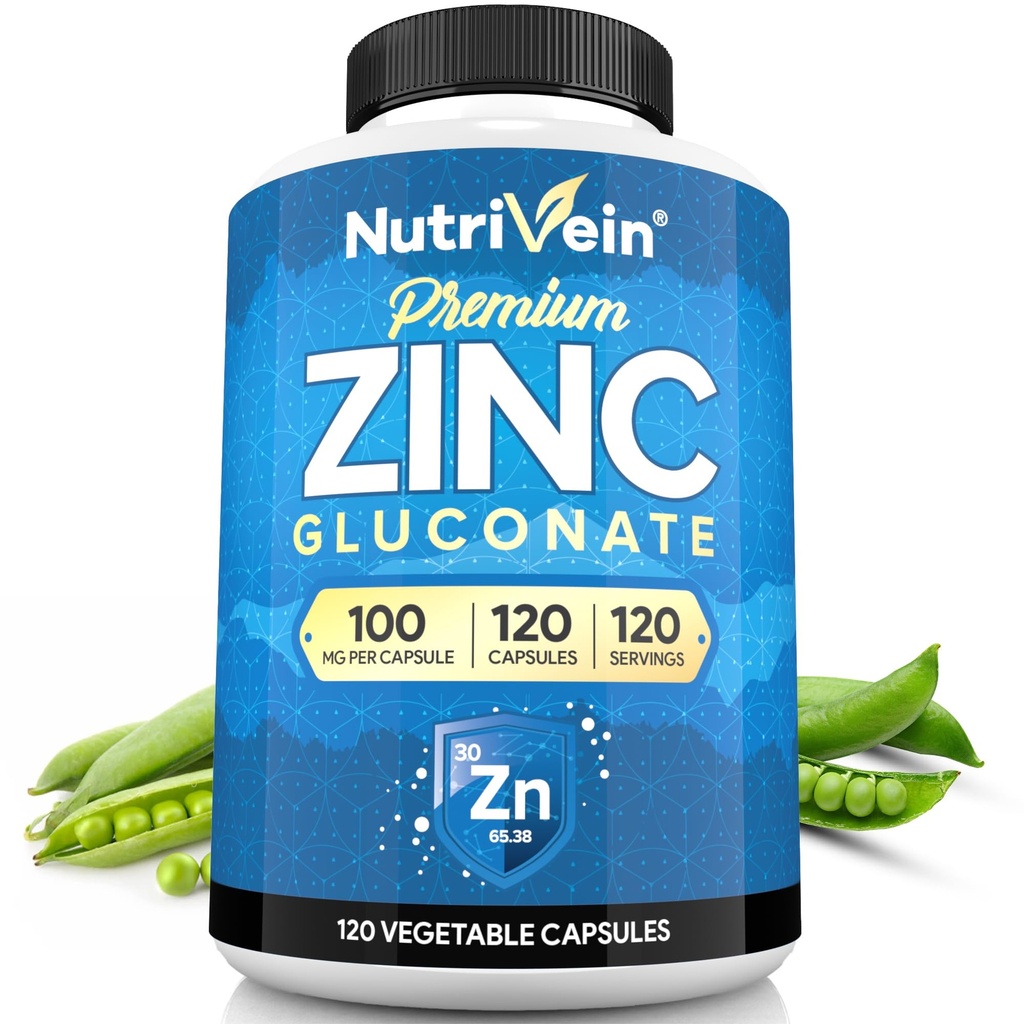 Nutrivein Premium Zinc Gluconate 100mg - 120 Capsules: Tertinggi Absorpsi Zinc Gluconate Suplemen untuk Whole-Body Well- Menjadi - Elemen Esporent untuk Wellness
