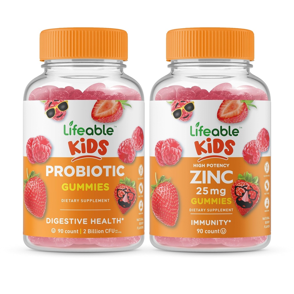 Probiotik Lifeable 2 Milyar CFU Kids + Zinc 25mg Kids, Gummies Bundle - Tasting Besar, Tambahan Vitamin, Gluten Bebas, GMO Bebas, Gummy Chewable