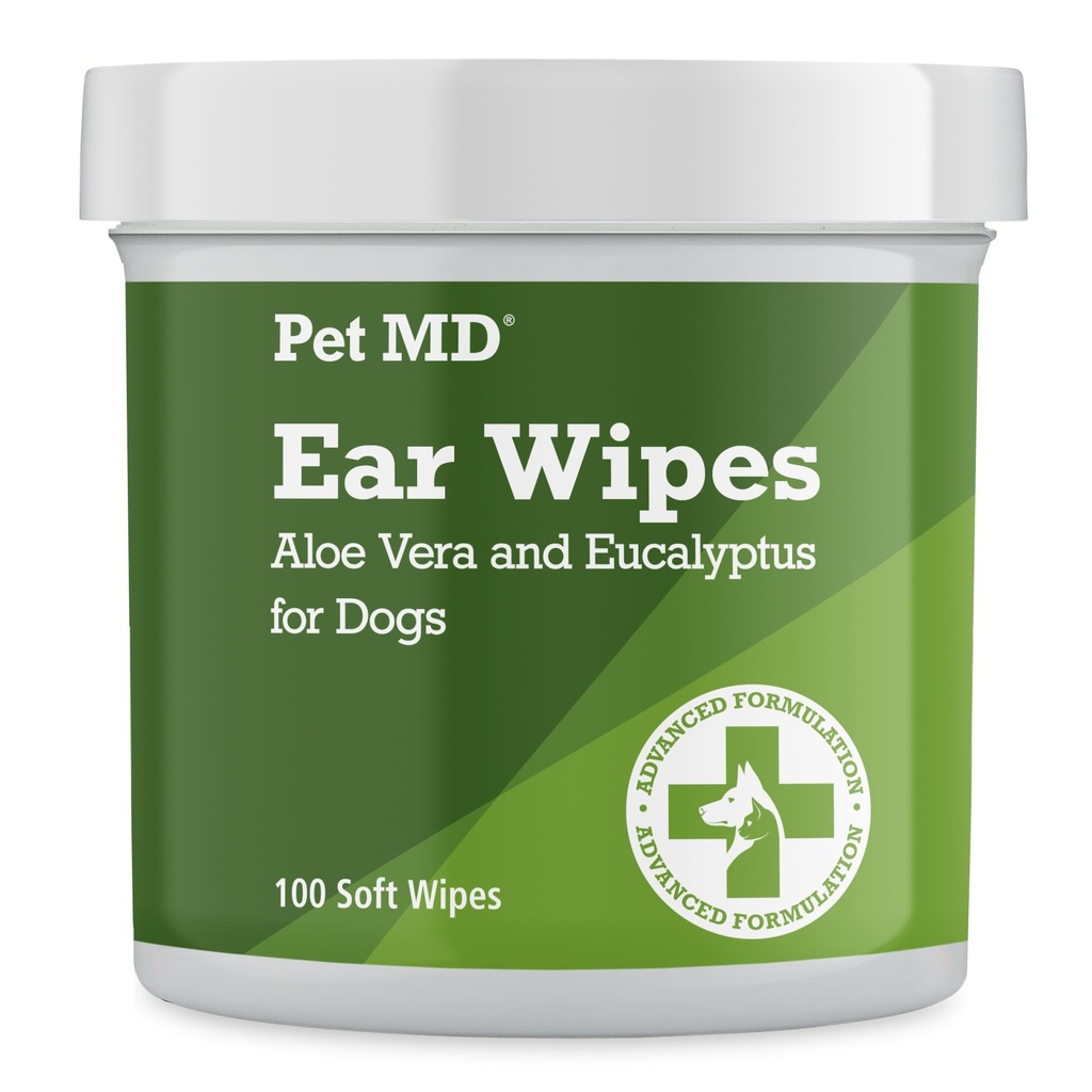 Pet MD Dog Ear Cleaning Wipes - Otic Cleanser for Dogs, Soothing Ear Care with Aloe Vera & Eucalyptus, Regular Wipes, 100 Count