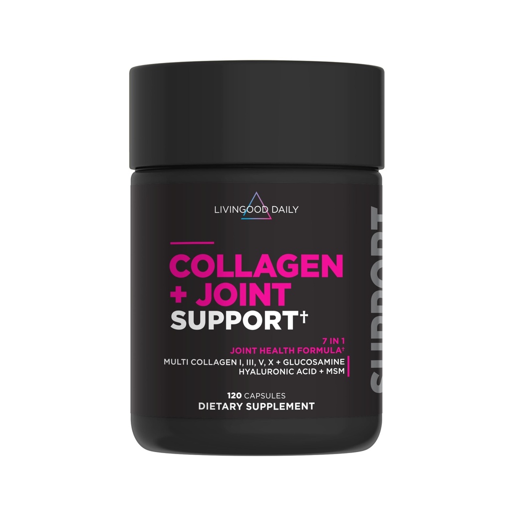 Livingood Daily Collagen + Joint Support, Grass Fed Multi Collagen Peptides I III V X with Hyaluronic Acid, Joint Support Supplement for Women & Men, Hair Skin Nails, Keto & Gluten Free, 120 Capsules