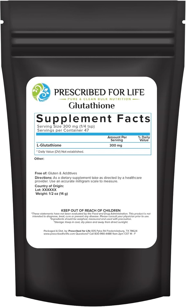 Prescripted For Life L Glutathione Powder, Pure Reduced Glutathione, Tripeptide of Amino Acids Glycine, Glutamine, dan Cysteine, Antioksidants Suplemen (0.5oz / 14g)