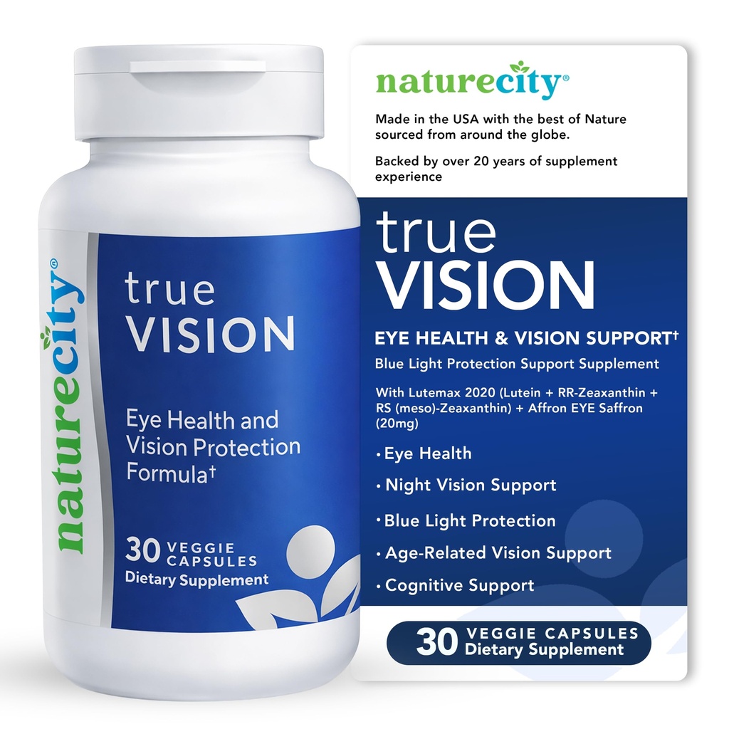 Perbaikan Kesehatan Mata Vision NatureCity - Tanaman - Berbasis Lutein dan Hobxanthin dengan Potalency Tinggi Saffron 20mg - Blue Light Protection, Dukung Central and Night Vision (30 Feggie Capsules)