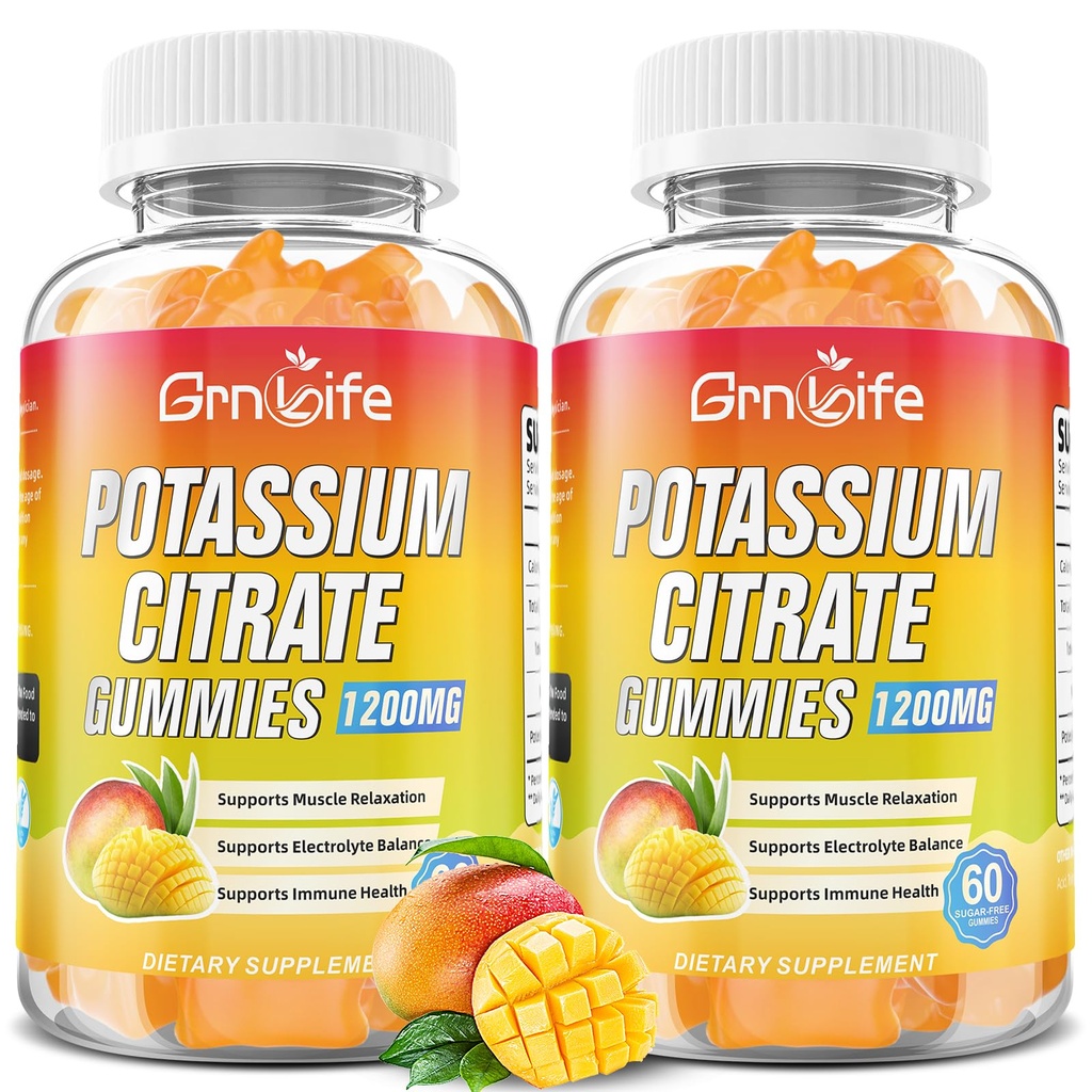 Potassium Citrate Gummies, Potassium Tinggi Tambahan Gummies 1200mg Dukungan Kram Kaki & Otot Kesehatan, Gummi Potasium untuk Dewasa & Anak-Anak, Vegan, Mango Flavor 120 Count