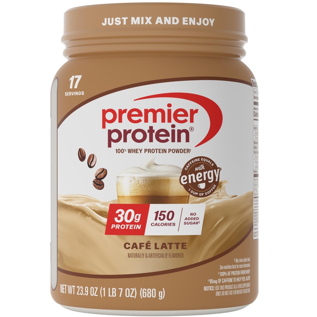 Premier Protein Powder, Café Latte, 30g Protein, 1g Sugar, 100% Whey Protein, Keto Friendly, Gluten Free, No Soy, 95mg Caffeine for Energy, 23.9 oz (17 Pelayan)