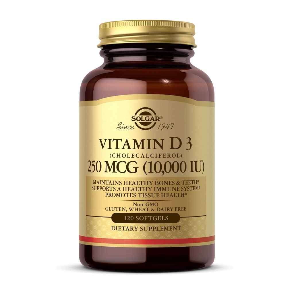 Solgar Vitamin D3 (Cholecalferol) 250 MCG (10.000 IU), 120 Softgels - membantu mempertahankan Tulang Kesehatan & Gigi - Dukungan Sistem Imune - Non GMO, Gluten Free, Dairy Free - 120 Pelayan