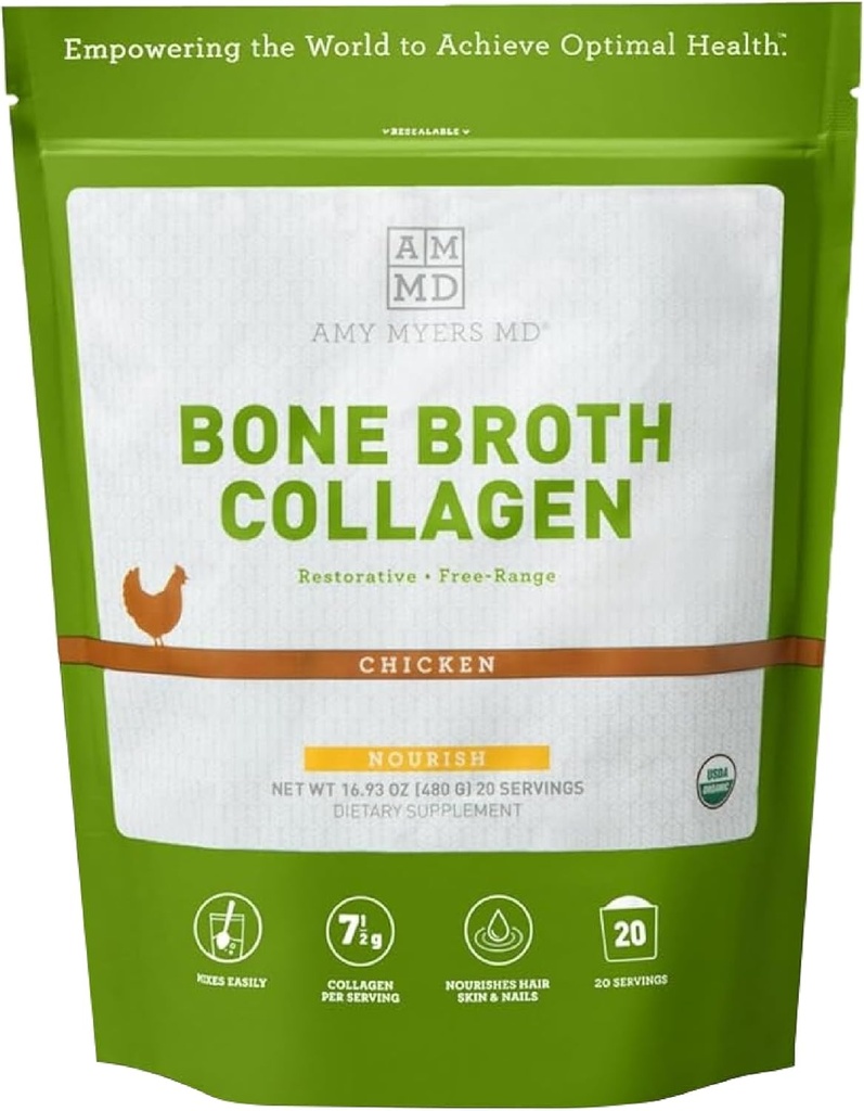 Amy Myers MD Bone Collagen Powder - Broth Bone Organic - Support Healthy Skin & Nails - for Gut Health & Joint Dupings - 20 Serveings, Chicken Flavor
