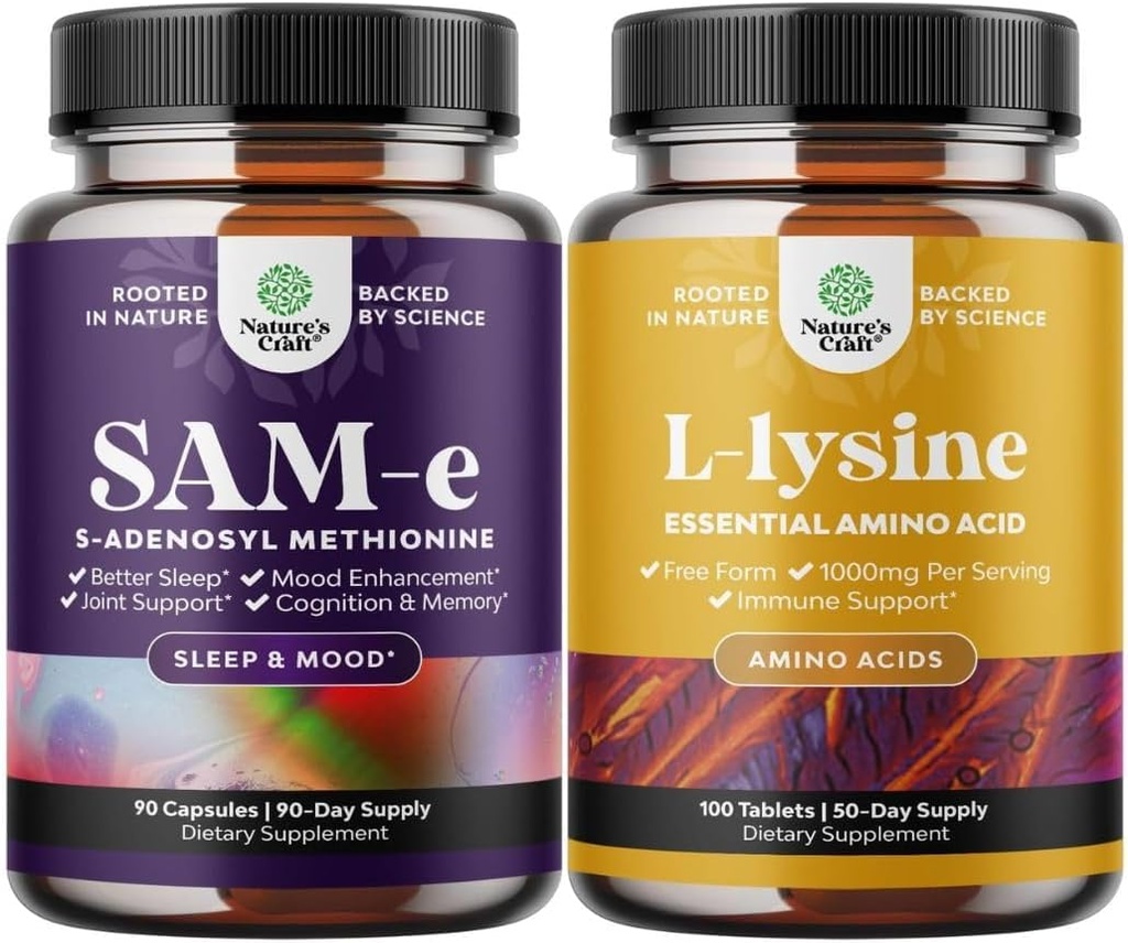 Bundle of Pure SAM E Supplemen 150mg - Nootropic Sama 150mg Per Serving for Memory & Brain Dukungan dan L Lysine 1000mg Free Form - L-Lysine Tambahan untuk Eye Health Lip Care Collagen Sintesis