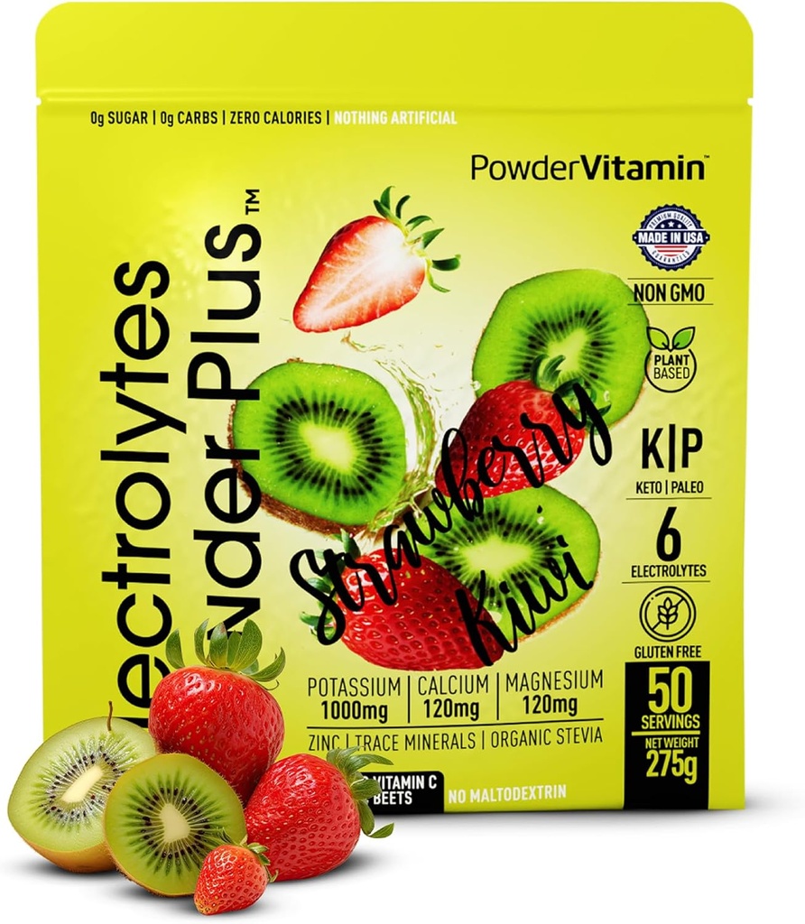 Electrolytes Powder Plus (50 Pelayan), 0 Calorie Keto, 0 Sugar, No Maltodextrin, 1000mg Potasium, 120mg Calcium, 120 mg Magnesium, Hidration Powder (50 Culders, Strawberry Kiwi)