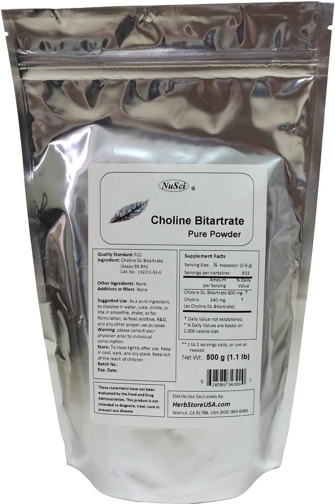 Choline DL- Bitartch Pure Powder 500g (1.1 lb, 17.6 oz) Smart Nutrient