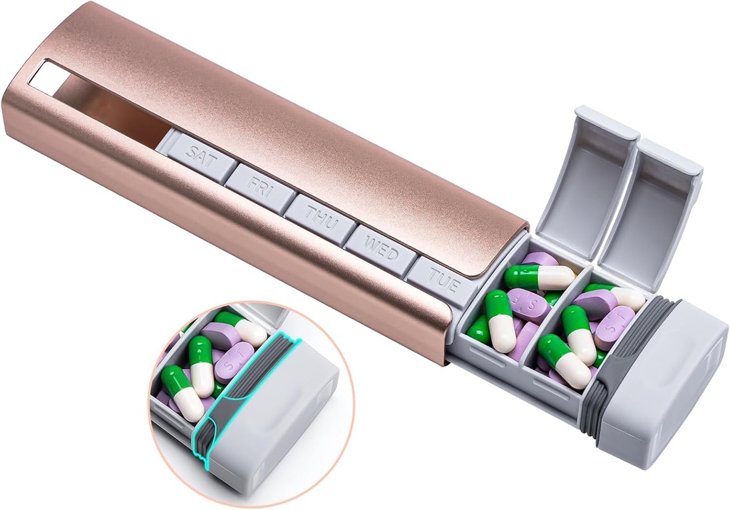Daviky Metal Travel Pill Organizer, Premium Aluminum Pill Box 7 Day, Weekly Daily Pill Case, Stylish & Cute Pill Holder for Medicine, Premium and Vitamin (Pink + Gray)