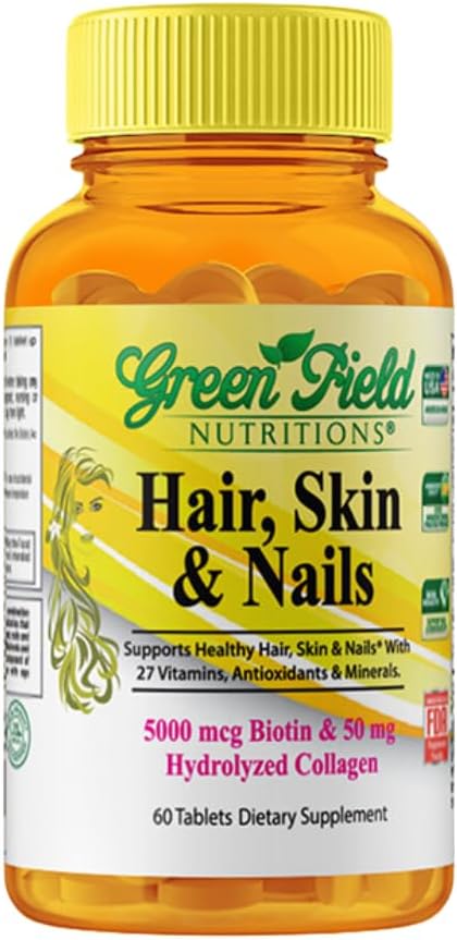 Nuklir Greenfield Halal Biotin Tablet untuk Dewasa - 60 Halal Multivitamin untuk Hair Skin dan Nails - Potensi 5000mcg Biotin dengan 50mg Collagen dan Mineral - Gelatin Gluten Bebas, Nun-GMO Vitamin