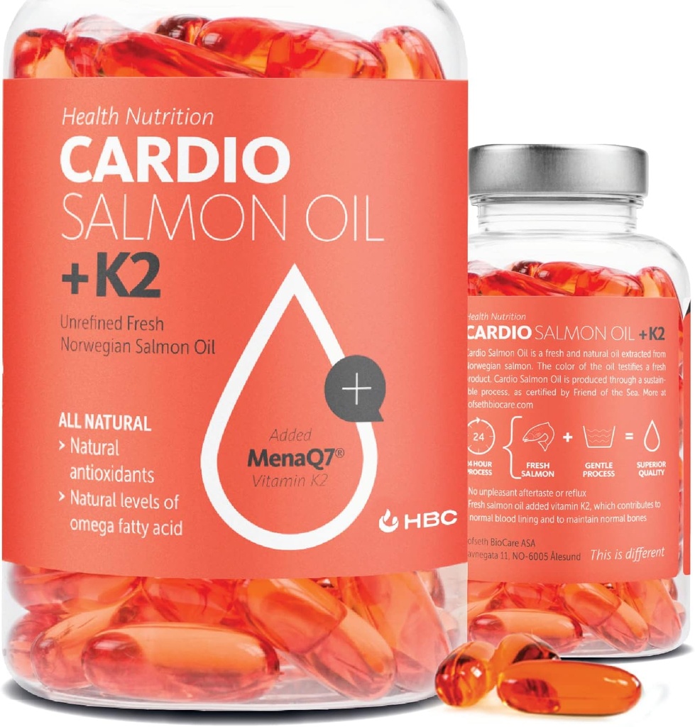 Minyak Ikan Omega 3 dengan Vitamin K2- 100mg, Norwegia Salmon Oil, EPA & DHA, Burpless, Omega 3 Fatty Acids Suplemen Mata, Otak, Hati & Kebal - 90 Capsules - Cardio