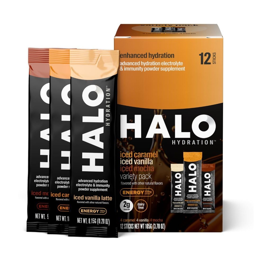 HALO Hldration - Electrolite Energy Drink Mix 124; Hidration Powder Packet 12.4; Variety Pack (Caramel, Vanilla, Mocha Lattes), Healthy Skinny Coffee 124; Easy Open Single Serving Stick 124; 12 Sticks