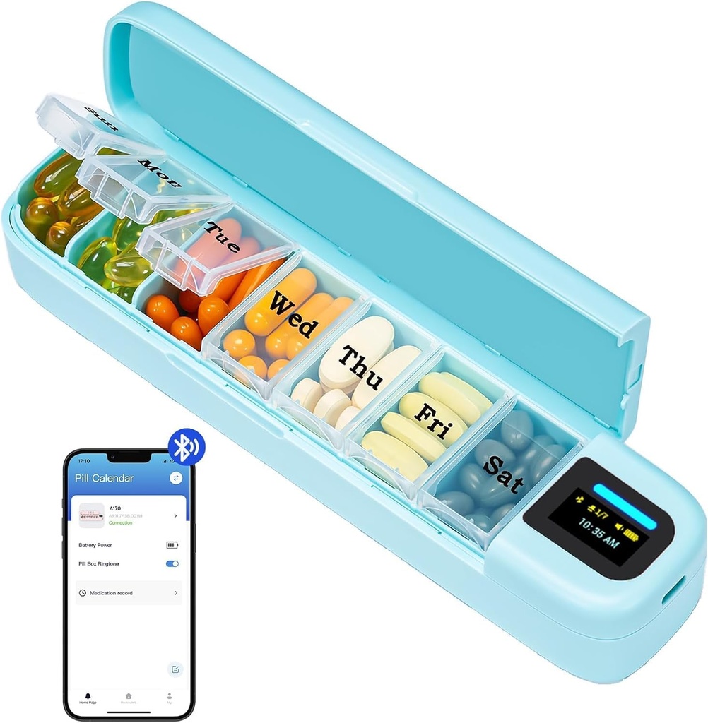 Daviky Smart Pill Organizer dengan Alarm, Bluetooth Daily Once a Day Box 7 Day with APP, Weekly Travel Pill Case, Portable Pil Reminder for Medicine, Suppores and Vitamin (Green)