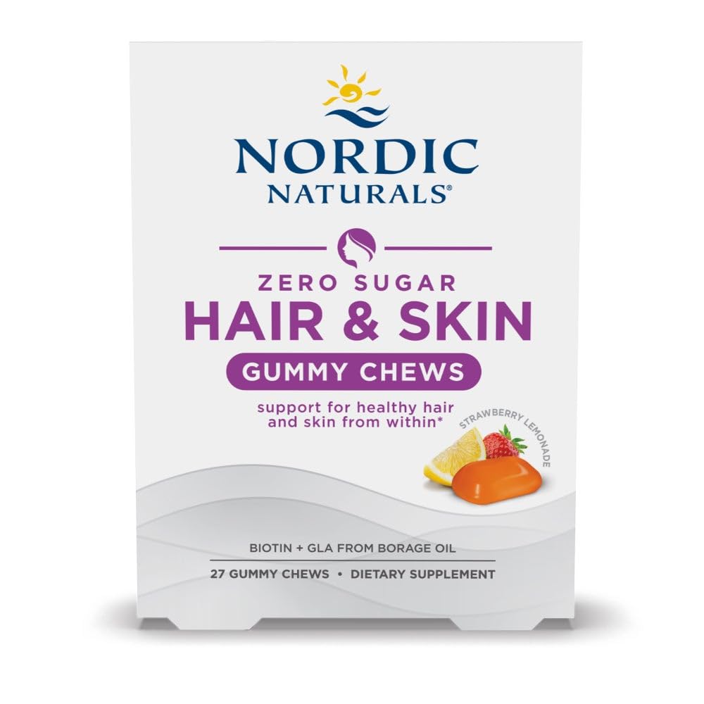 Nordic Aconals Zero Sugar Hair & Skin Gummy Chews, Strawberry Lemonade - 27 Gummy Chews - Biotin + GLA dari Borage Oil - Promesses Sehat saldo of Fats in Skin - Non-GMO - 27 Pelayan