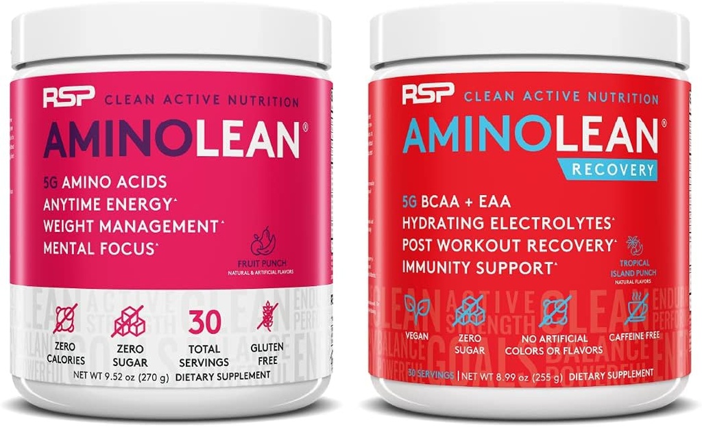 RSP NUTRITITION Aminolean Pre Workout Energy (Fruit Punch 30 Servings) with AminoleLean Recout Boost (Tropical Island Punch 30 Servings)