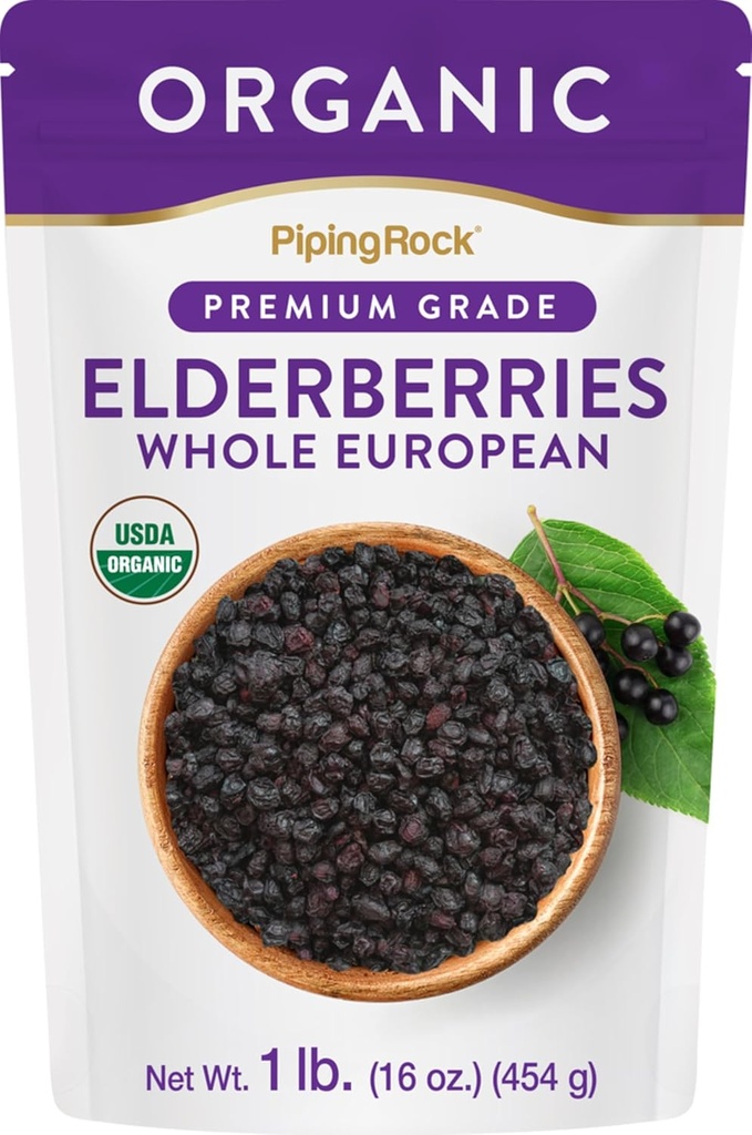 Piping Rock Elderberries Dry Organic 124; 1lb Bulk Suplemen A124; Eropa Whole Berry 124; Vegetarian, Non- GMO, Gluten Bebas