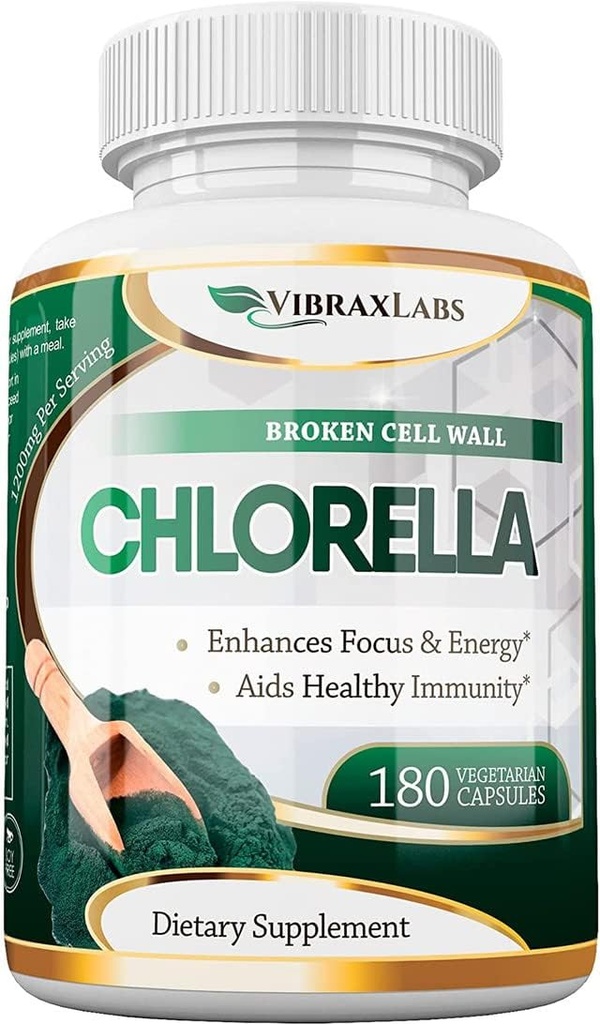 VibraxLabs Chlorella Capsules - Broken Cell Wall 600 mg Veggie Pills (1200 mg Serving) - suplemen bubuk Protein untuk Detoksifikasi Alam, Terbaik dengan Spirulina, No Aftertaste, Dibuat di USA