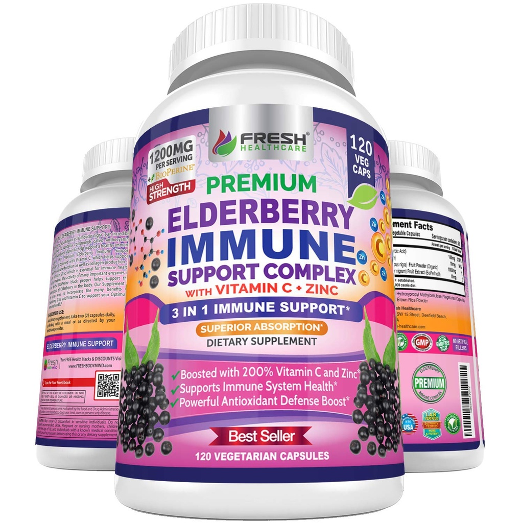 FRESH HEADTHCARE Elderberry Capsules - Tinggi Potency Black Elderberry dengan Zinc & Vitamin C - Premium 3 - 1 Ammune Dukung Vitamin untuk Dewasa