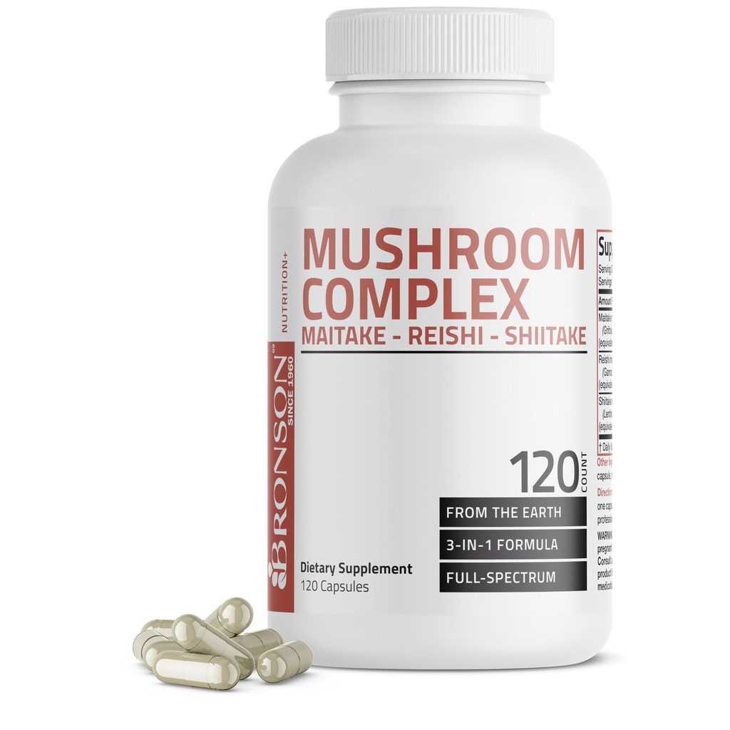 Bronson Triple Mushroom Complex - Maitake - Reishi - Shiitake - powerful AntioksidanImmune System Booster - Full Spectrum Mushroom Complex - 600 mg Capsules - 120 Count