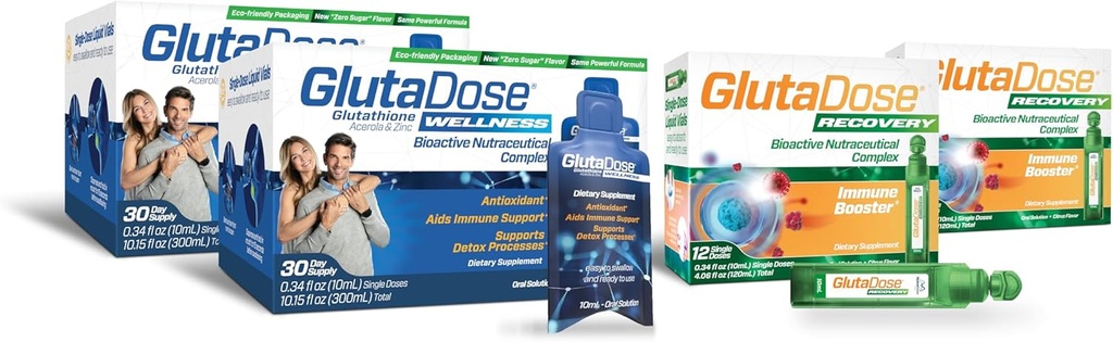 GlutaDose Ultimate Immune Boost & Daily Detox Bundle, Cold & Flu Recovery, Immune & Energy Dukung, Glutathione, Astragalus, Echinacea, Acerola (1,000 mg Blend), Selenium, Zinc, Suplemen Liquid