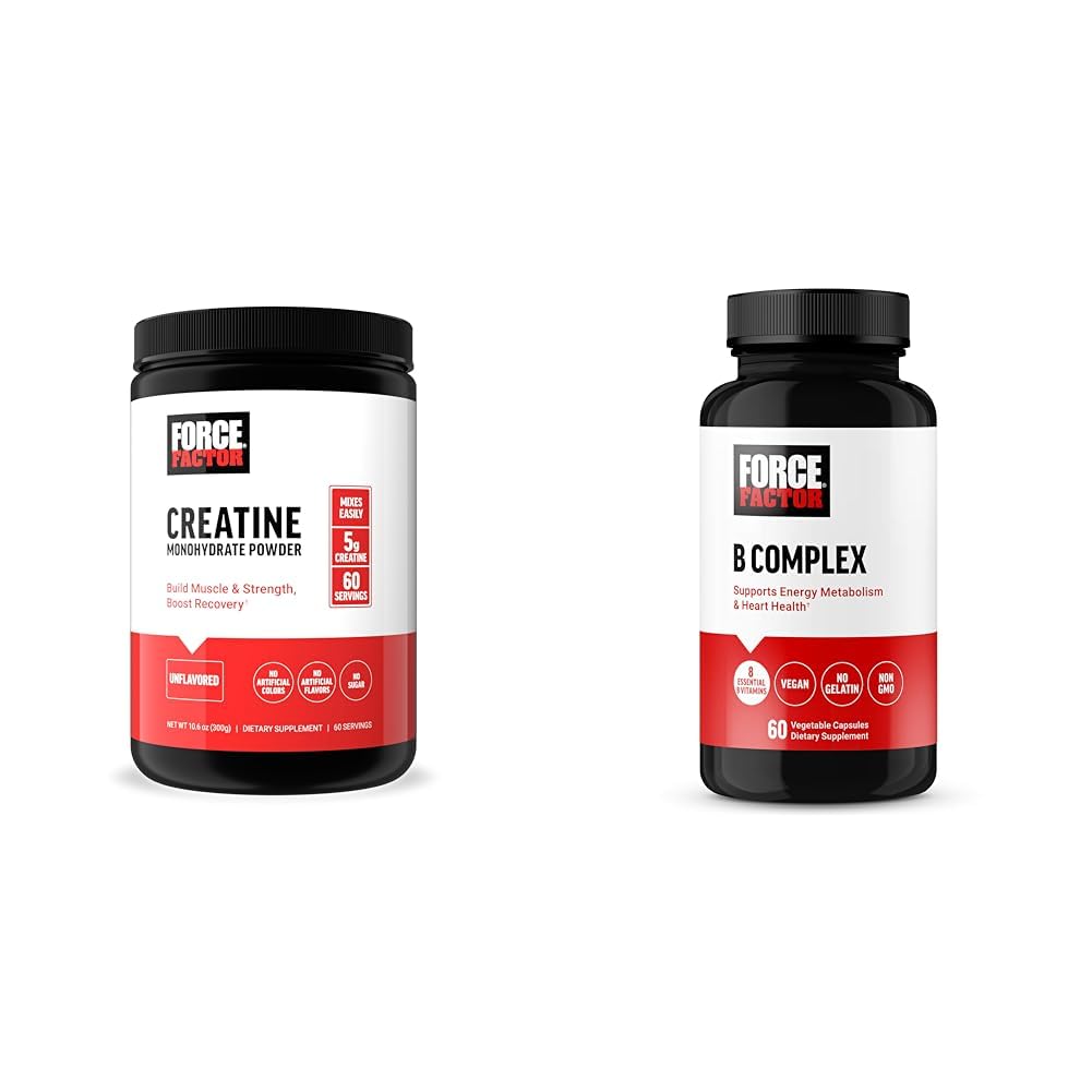 Force Factor Creatine Powder 60 Servis dan Vitamin B Kompleks 60 Capsules Bundle untuk Muscle Gain, Kekuatan, Energi, dan Pemulihan Lebih Cepat