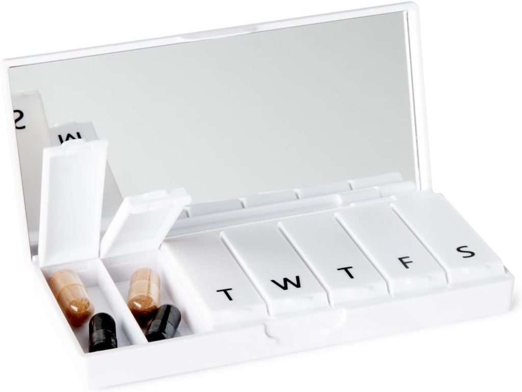 PORT X Polyish Designer Weekly Box Organizer Kotak Pill (Single 1X Daily, Crisp White) Compact, Stylish 7-Day Proplement Case Vitamin Transport 124; Cute Mini Travel Medical Carrier 124; BPA-Free Pilbox Caddy