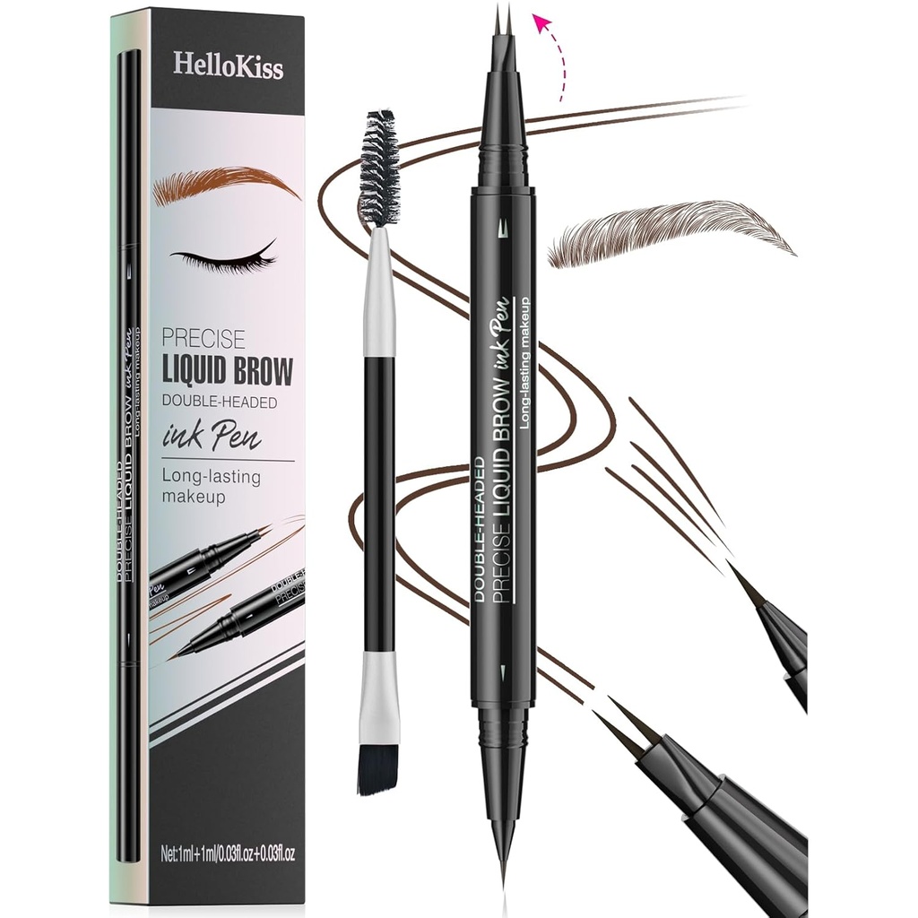 9708 2-Tip Double- Ended Eyebrow Pen, 2-in-1, dengan Eyebrow Brush. Waterproof and Sweat Providence, Precise Liquid Brow, 5 Shades, Long- Lasting (3 # Dark Brown)