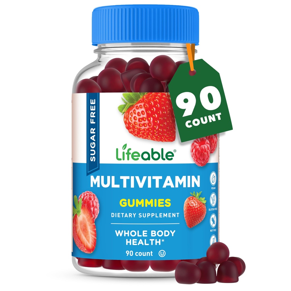 Lifeable Sugar Free Multivitamin Gummies 124; dengan Iron Vitamin A, C, D, E, Niacin, B6, Flolate, B12, Biothenic Acid, Zinc 124; Great Tasting Dewasa Multivitamin Gummy, B12, Biothenic Acid, 90 Gummies
