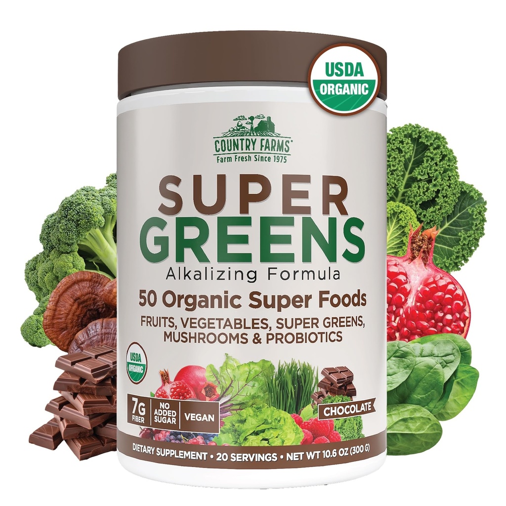Country Farms Organic Super Greens Chocolate Flavor, 50 Organic Super Foods, USDA Organic Drink Mix, Packed with Fiber, Fruits, Vegetable, Mushrooms & Prograles, Support Energy, 7g Fiber