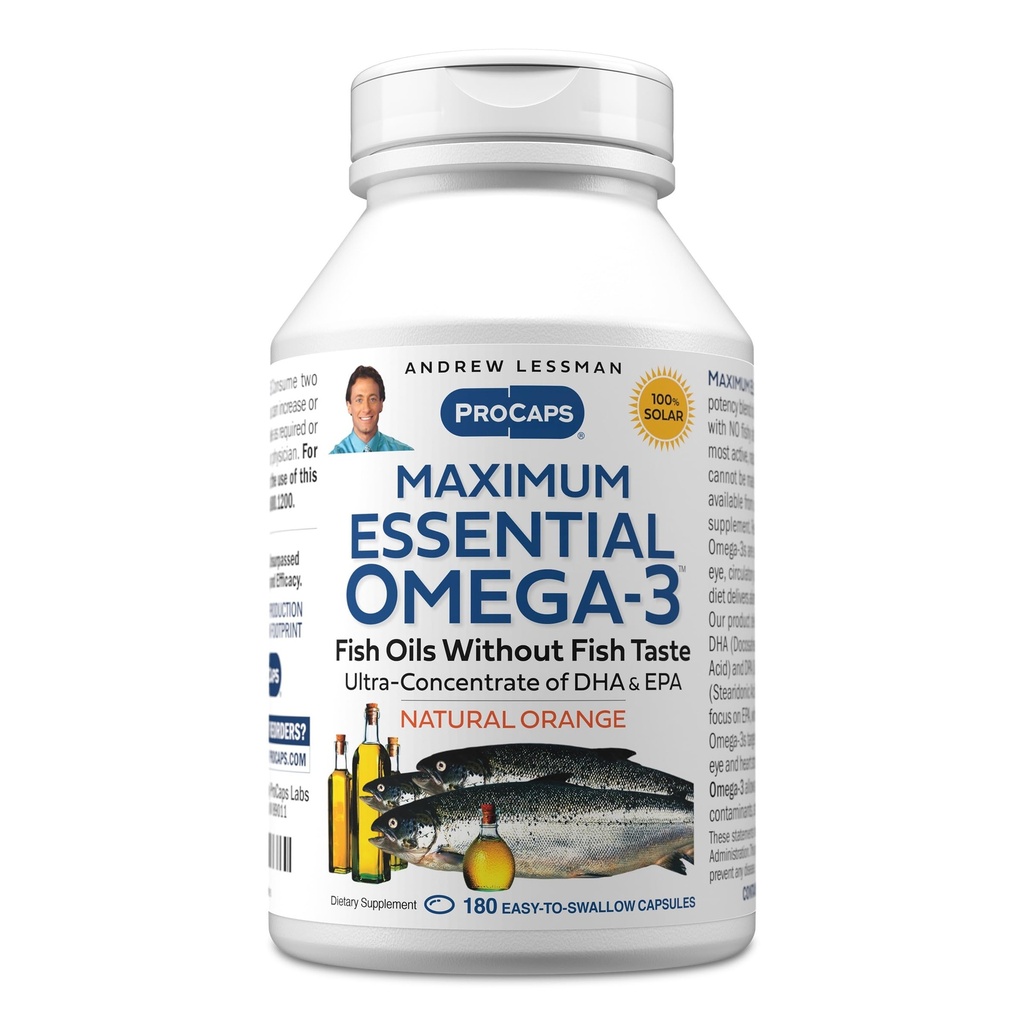 ANDREW LESSMAN Maksimum Omega- 3 Orange - 180 Softgels - Ultra- Murni, Omega- 3 Oil Potensi Tinggi. High DHA, No Stomach Upset, No Contaminants, No Mercury. Mudah untuk Swallow Softgels