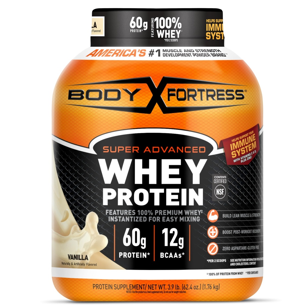 Body Fortress Super Advanced Whey Protein Powder, Vanilla, Immune Dukungan (1), Vitamin C & D Plus Zinc, 3.9 pon.