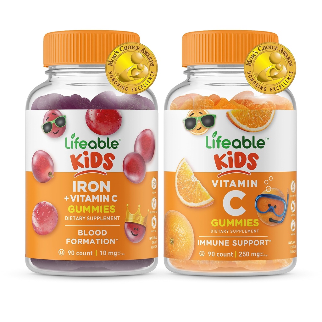 Lifeable Iron & Vitamin C Kids + Vitamin C Kids, Gummies Bundle - Great Tasting, Vitamin Suplemen, Gluten Free, GMO Bebas, Gummy Chewable