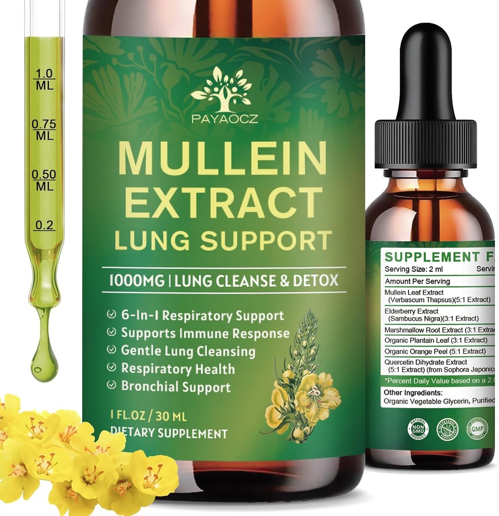 (2 Pack) 6 Dalam 1 Mullein Drops for Lungs, Organik Mullein Ekstture Pengekangan Leaf untuk Lungs, Detox Cleanse & Respiratory for Breathing Health, Mullein Oil Suppplement Immune Dukungan, Vegan, 1 Fl Oz