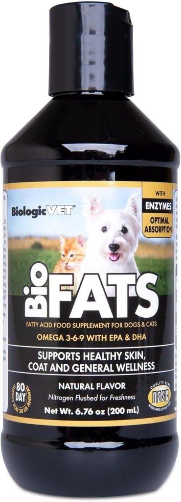 BiologicVET BioFATS - Contains Omegas 3, 6 & 9 - with EPA, DHA & ALA - for Dog & Cat - Skin & Joint Health Support - Includes Fish, Flaxseed & Olive Oil - 6.76 fl. oz.