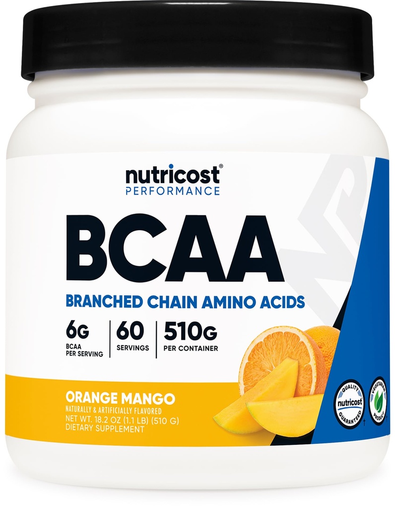 Nutricost BCAA Powder (Orange Mangga, 60 Hamba) - 2: 1: 1 Optimal Rasio, Gluten Bebas, Non-GMO, Vegetarian