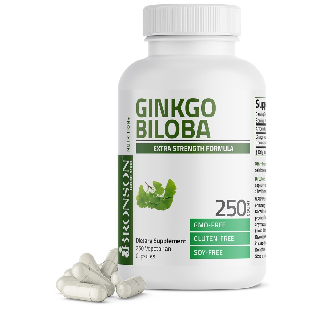 Bronson Ginkgo Biloba Ekstra Kekuatan Mendukung Fungsi & Fungsi Otak & Ingatan, 250 Kapsul Vegetarian