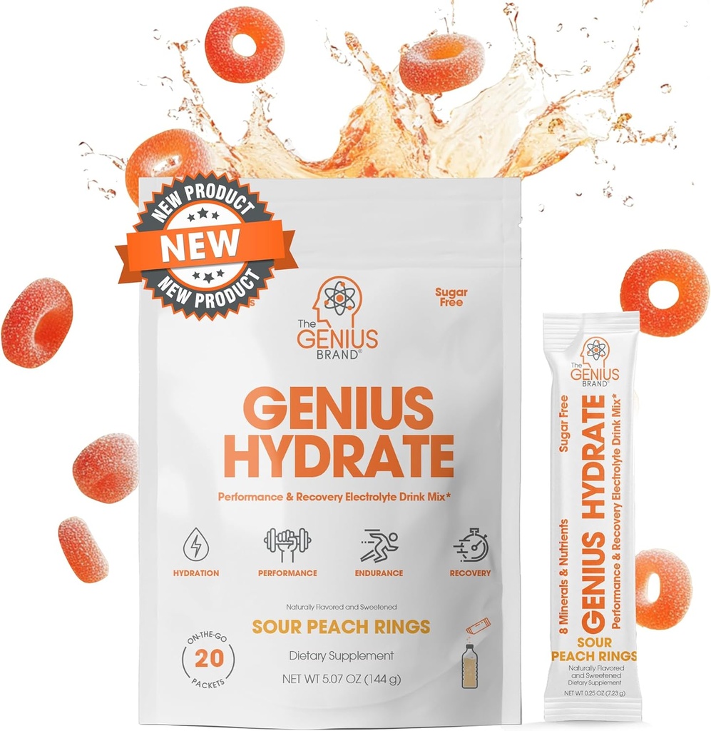 The Genius Brand Genius Hydrate - Electrolite Sudration - Coconut Air - Sugar- Free - 8 Esculity Mintrients & Non- GMO - Sour Peach Rings - 20 Servings