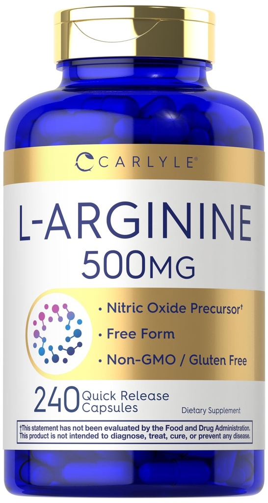 Carlyle L-Arginine 500 mg Capsules 124; 240 Count 124; Nitric Oxid Pleresor 124; Form Bebas Amino Acid 124; Non-GMO & Gluten Free Suplemen