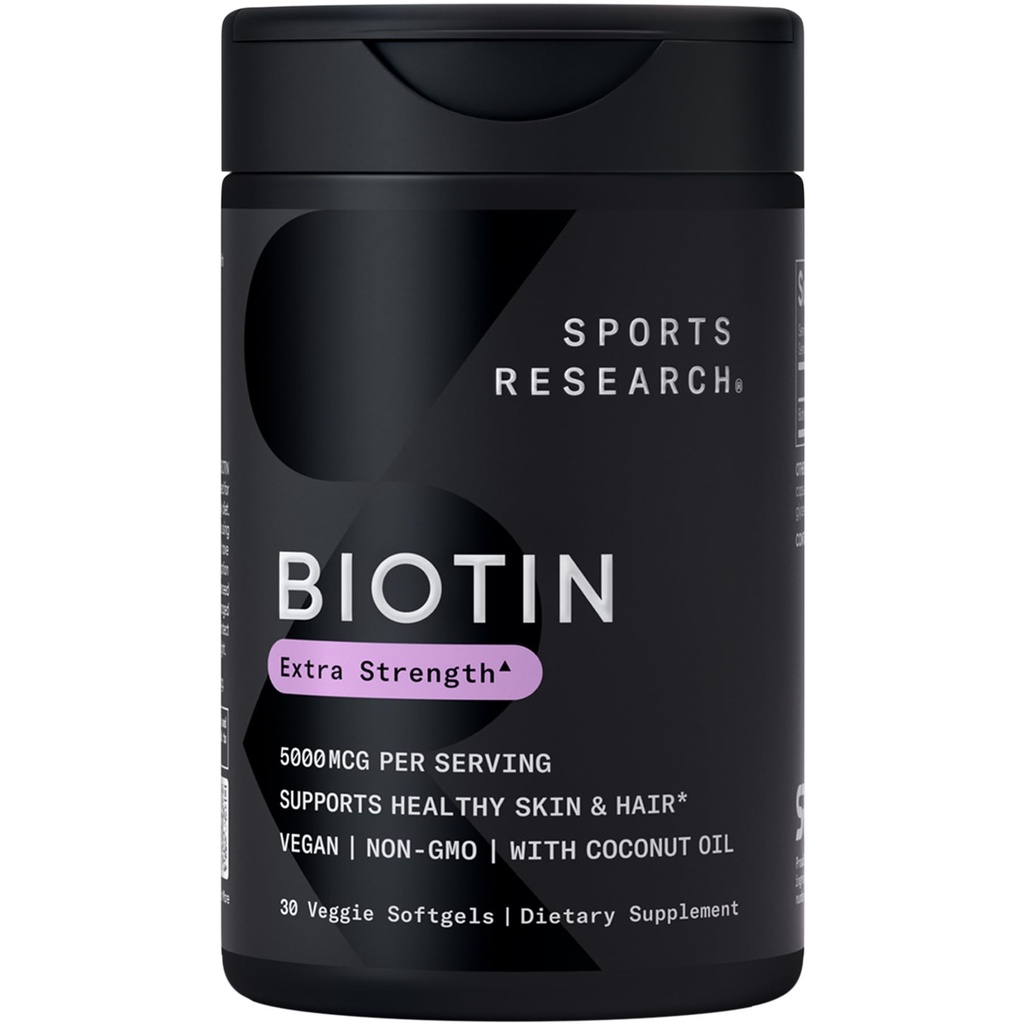 Penelitian Olahraga ® Biotin 50000 mcg dengan Oil Organik Coconut - Biotin (Vitamin B7) untuk Dukungan Rambut dan Kulit Sehat * - untuk Perempuan dan Pria - Vegan, Non-GMO, Gluten & Soy- Free - 30 Veggie Softgels