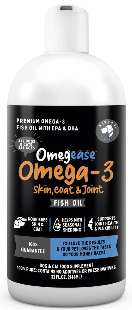 Omegease Fish Oil for Dogs & Cats - Finest for Pets Omega 3 for Cats & Dogs - Suplemen untuk Skin & Coat, Itching, Shedding, Joints & Immune Health - 100% Pure Omega Fish Oil with EPA & DHA (32 oz)