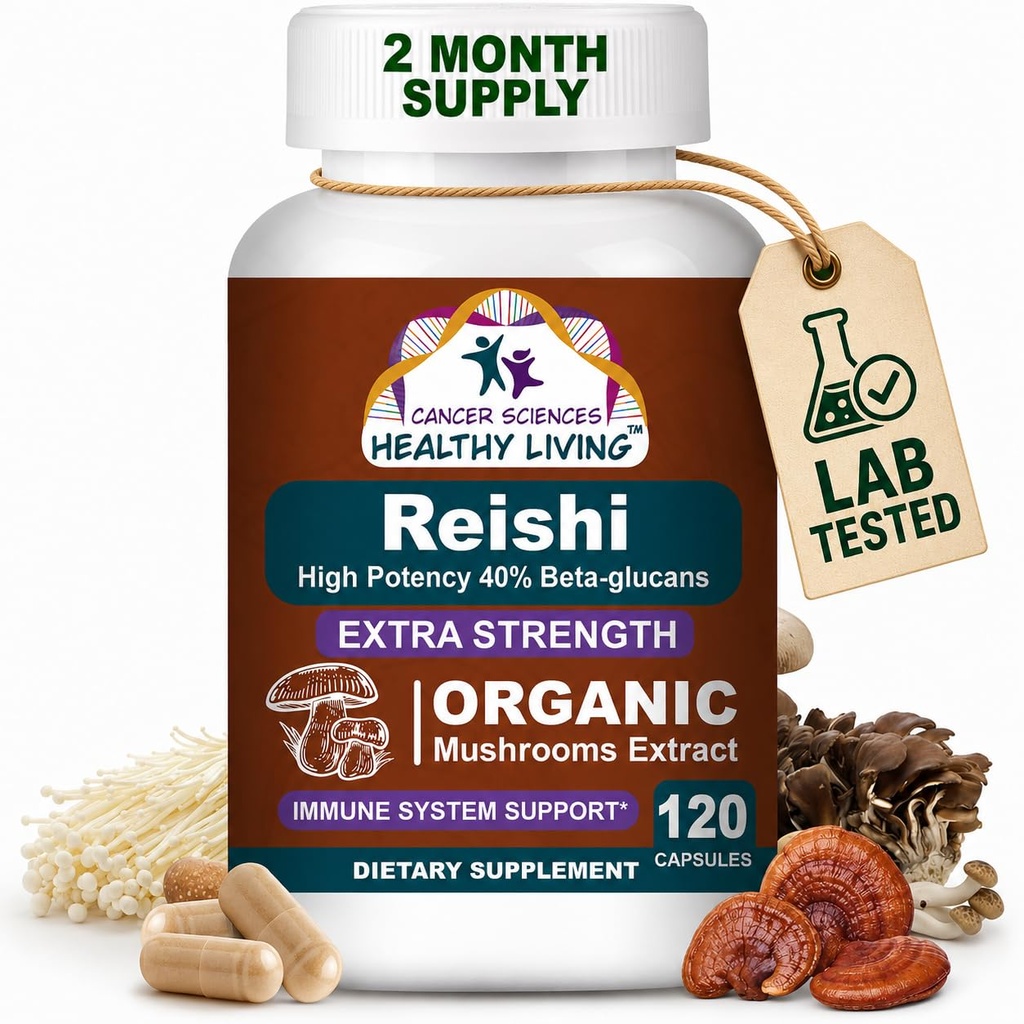 CANCER SCIENCES Reishi Wellness Mushroom Kapsul, USDA Certified Ekstranial Mushroom Ekstra 1.500 mg, Potensi 40% Beta- Gluans, Dukungan Imunitas, Antik, 120 Capsules