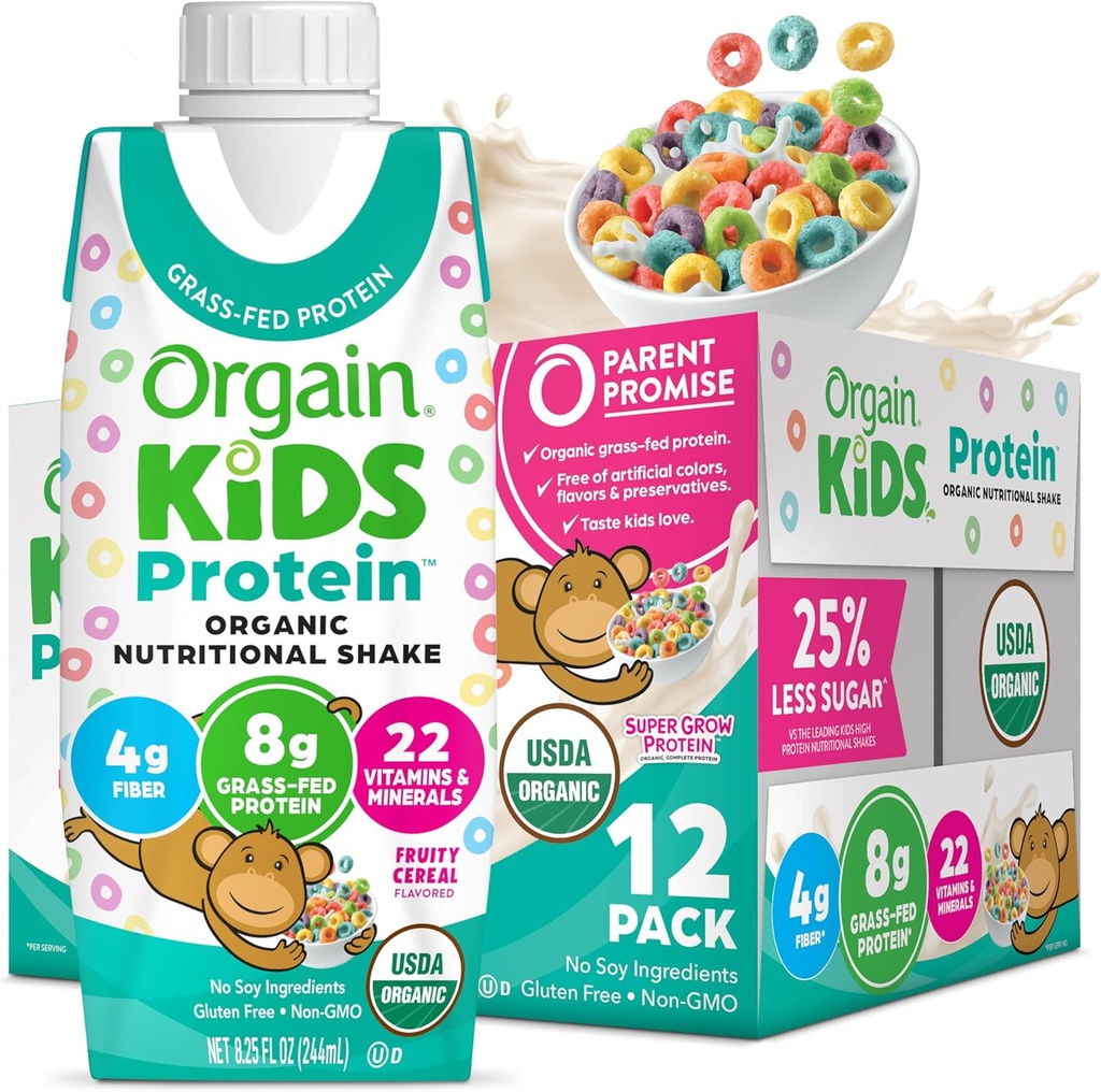 Orgain Anak Organik Nutronic Protein Shake, Fruity Cereal - Anak-anak Snacks dengan 8g Dairy Protein, 22 Vitamin & Minemins, Fruits & Vegetable, Gluten Free, Soy Free, Nun-GMO, 8.25 Fl Oz (Paket 12)