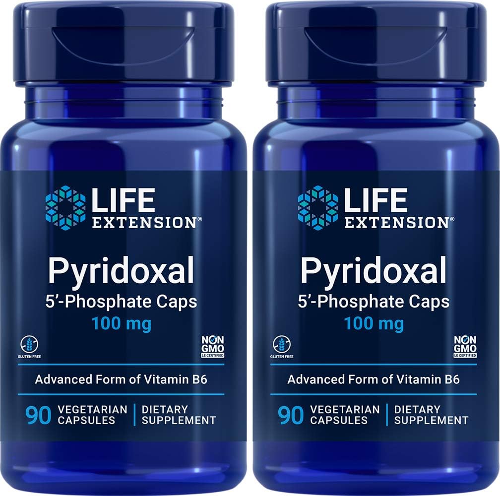 Ekstensi Hidup Pyridoxal- 5 '-Fosfat Caps P5P 100 mg, 90 Veg Capsules (Paket 2) - Tambahan Vitamin B6 Advanced