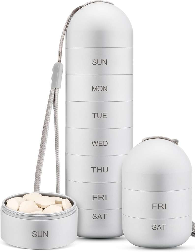 Zannaki Metal Moisance Membuktikan Weekly Pill Organizer, Stackable Aluminum Obvoy BPA Free Travel Heking 7 Day Pill Box Case Waterproof and Large Comment to Hold Pills, Vitamin, Fish Oil, Suplemen